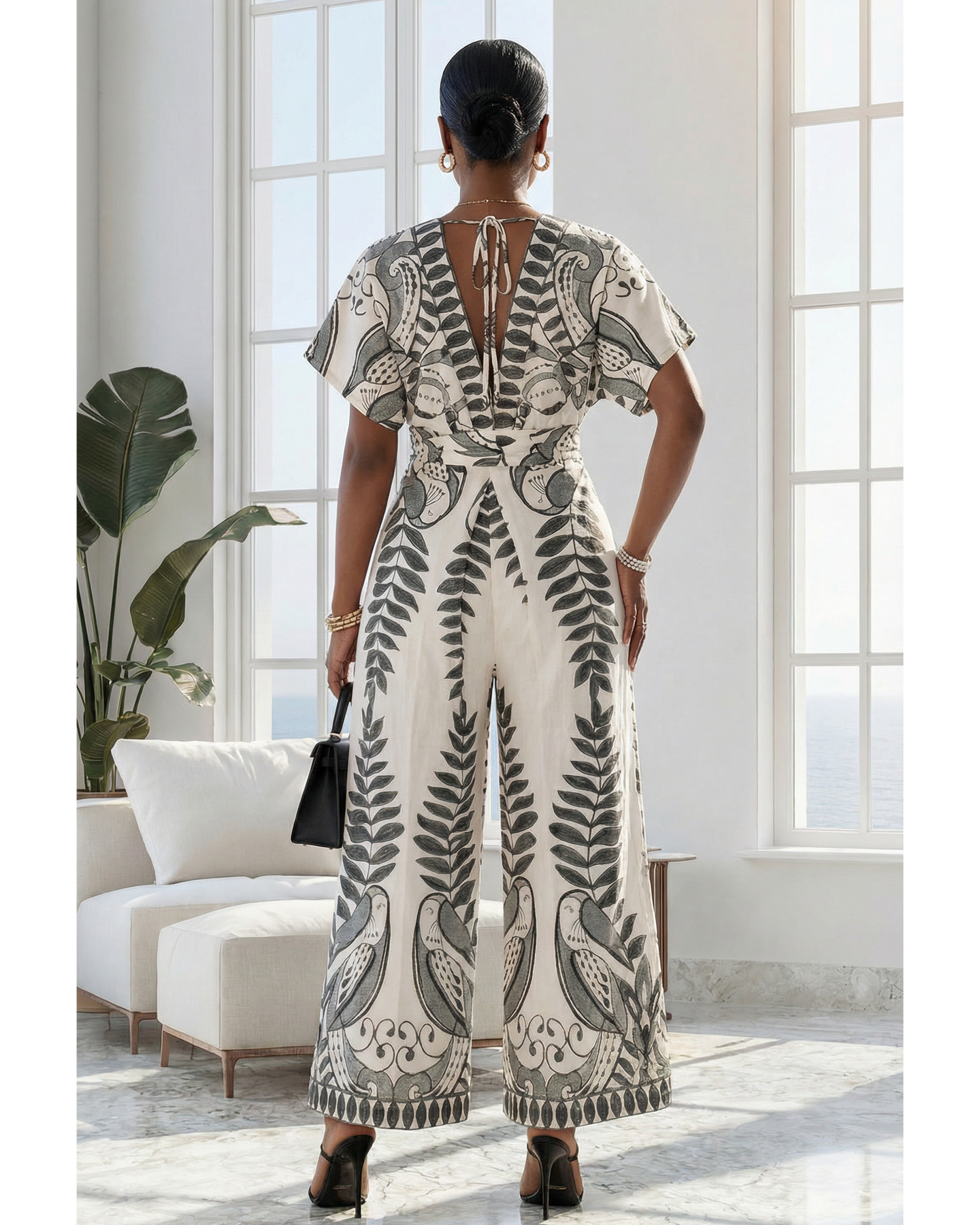 Farlene Ivory Green Print Kimono Jumpsuit