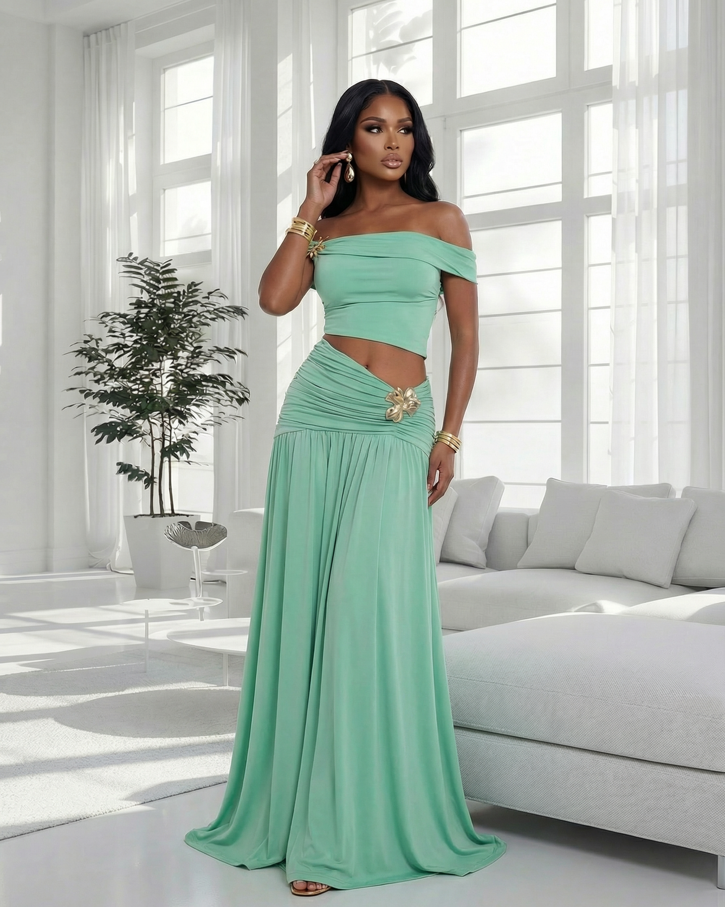 Venezia Mint Gold Broach Top & Maxi Skirt Set