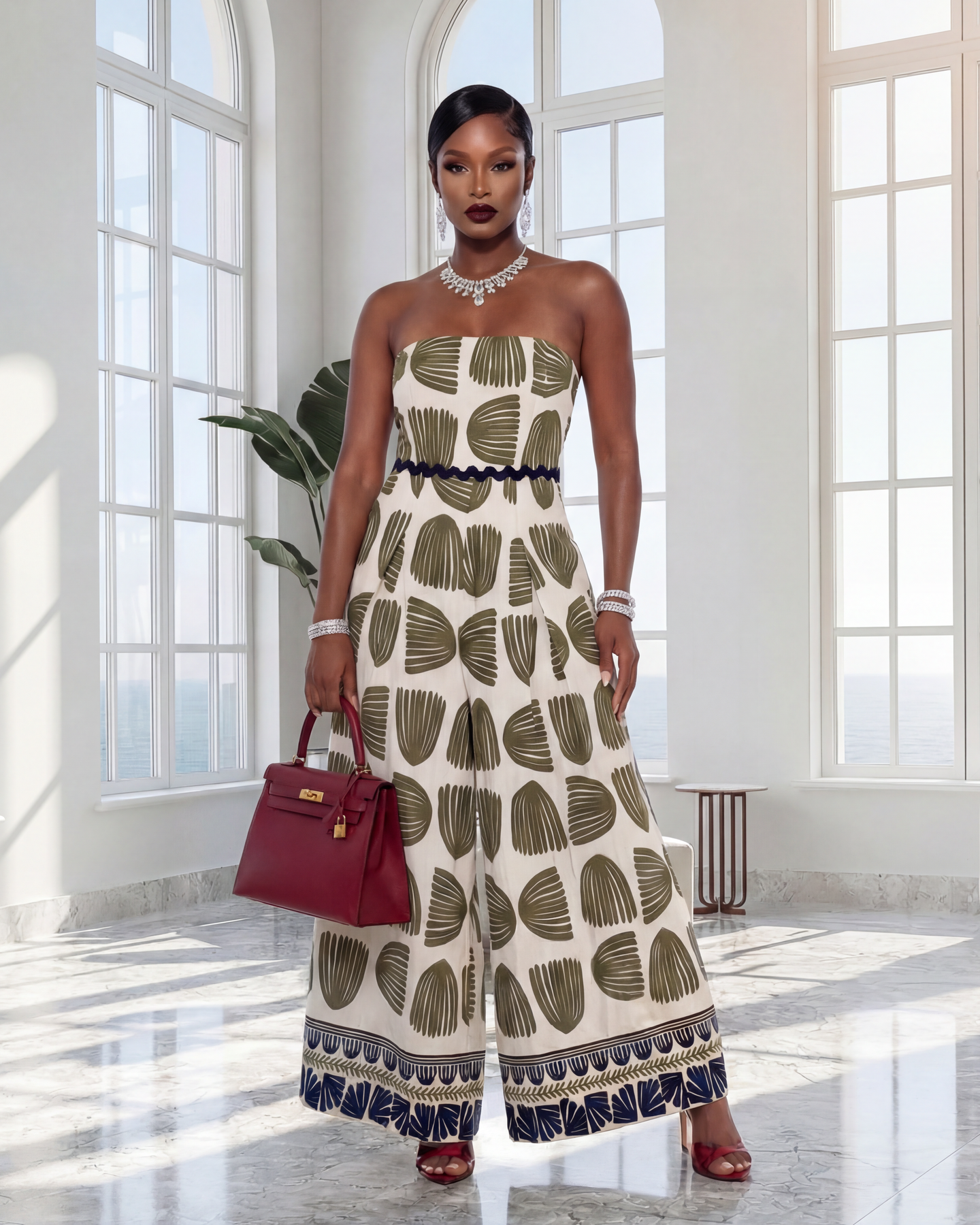 Mitchell Ivory Olive Print Strapless Jumpsuit