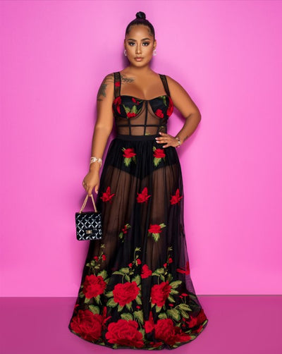 Peronie Black Red Roses Embroidery Mesh Maxi Dress