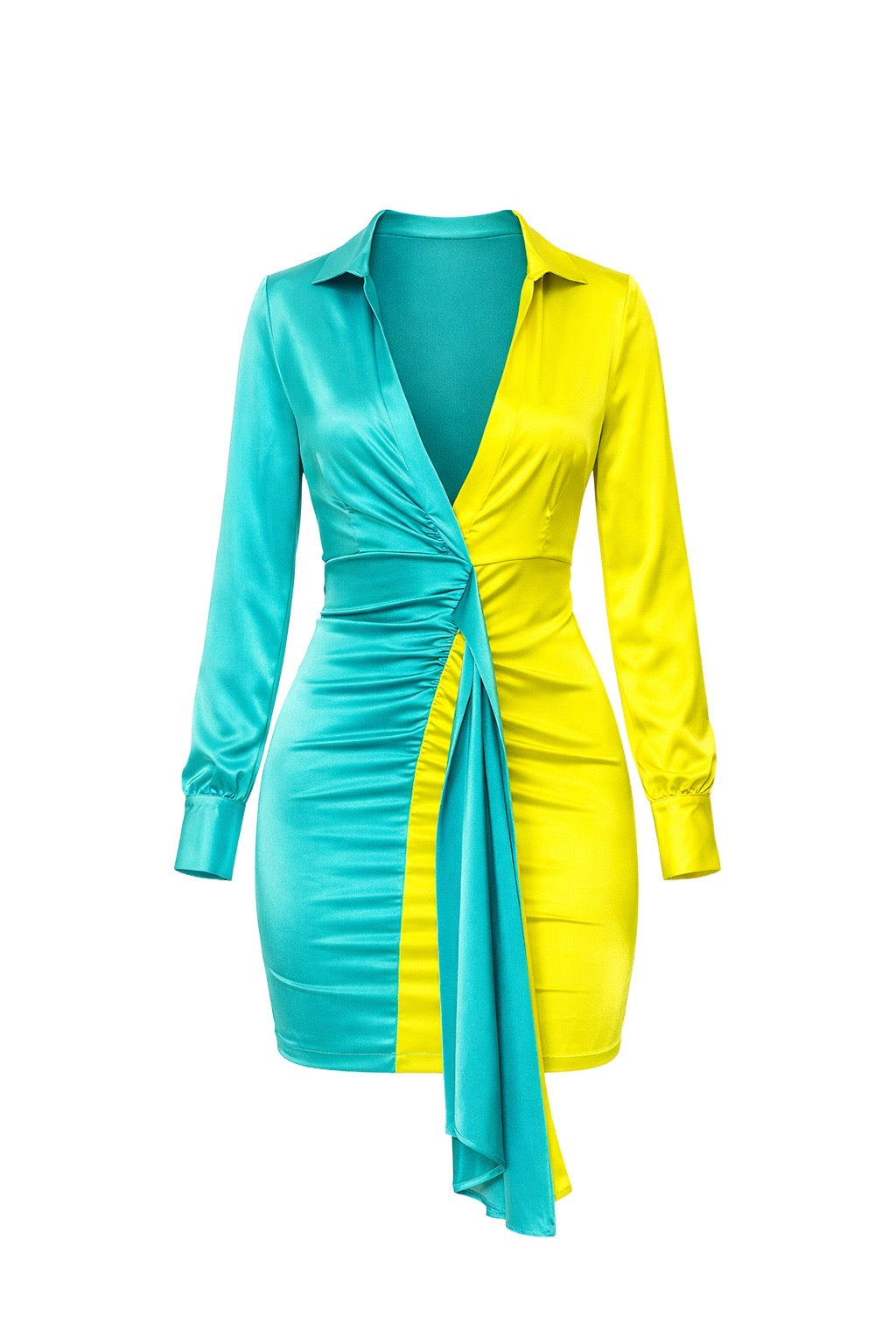 Liraelle Neon Yellow Teal Silky Mini Dress