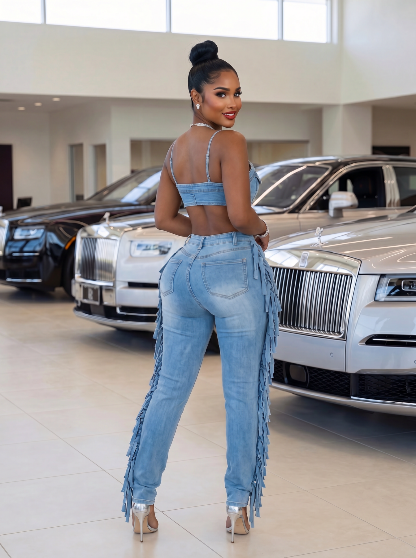 Lamia Blue Denim Cut-Out Fringe Jumpsuit