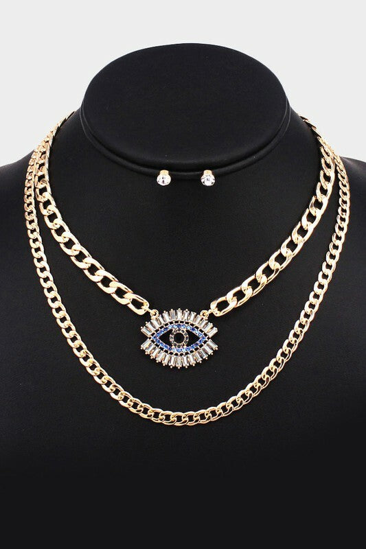 Norma Gold Embellished Evil Eye Pendant Double Layered Necklace