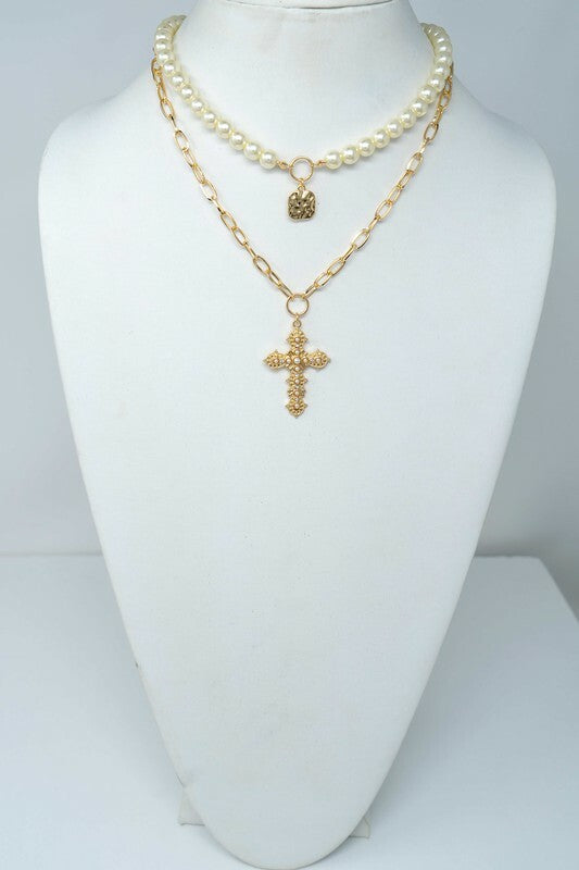 Maury Gold Two Strand with Pearl and Cross Pendant Necklace