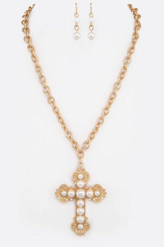 Satya Gold & Pearl Cross Pendant Necklace Set