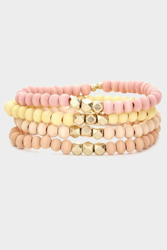 Orla Pink 4 Piece Wood Faceted Metal Bead Stretch Bracelets