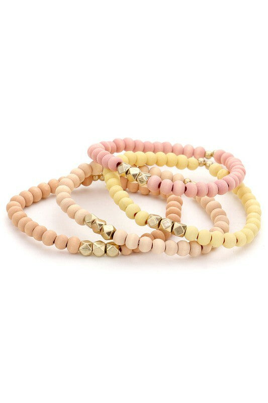 Orla Pink 4 Piece Wood Faceted Metal Bead Stretch Bracelets