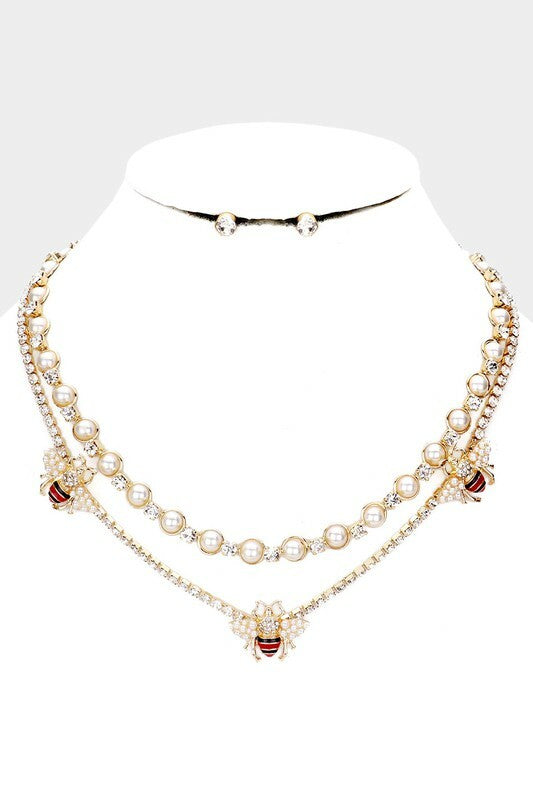 Farrah Gold Pearl Honey Bee Accented Layered Necklace