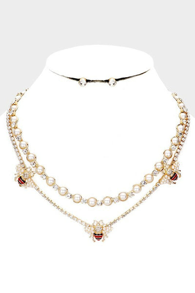 Farrah Gold Pearl Honey Bee Accented Layered Necklace