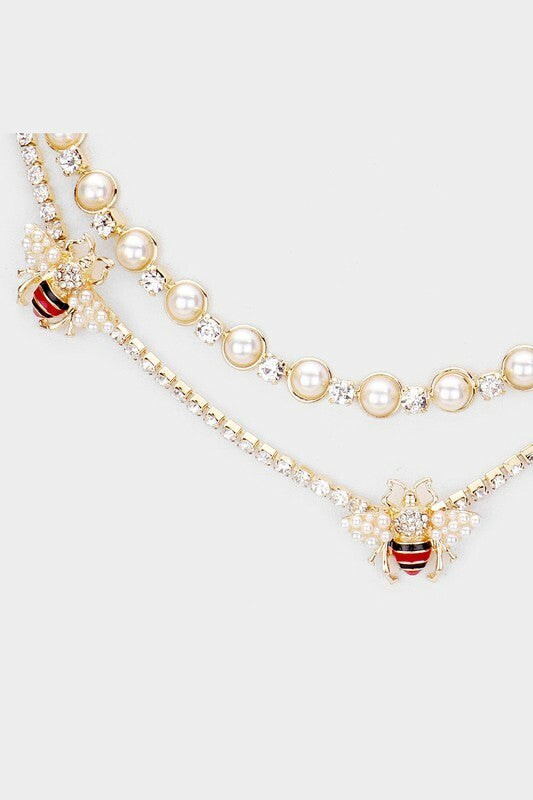 Farrah Gold Pearl Honey Bee Accented Layered Necklace