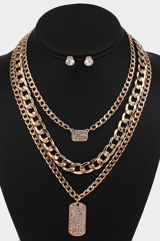 Luna Gold 3 Piece Rhinestone Rectangle Pendant Necklaces
