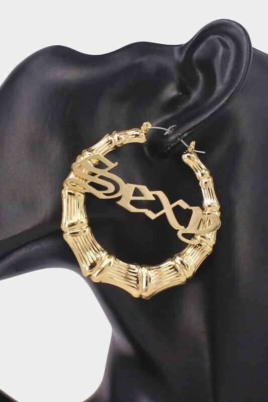 SEXY Gold Metal Bamboo Hoop Message Pin Catch Earrings