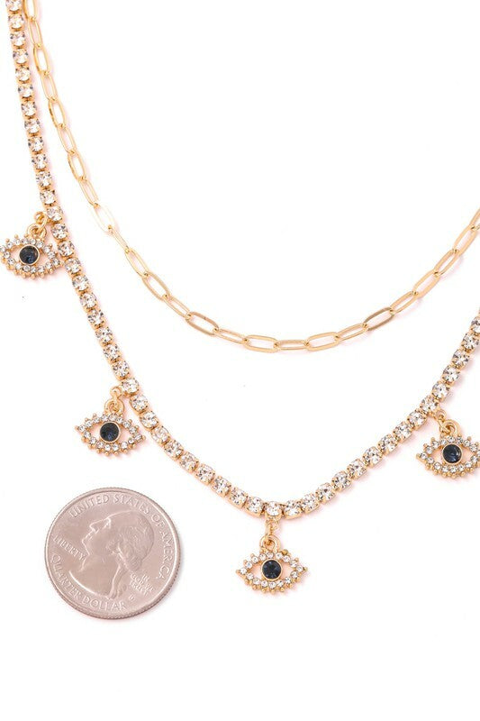 *Alexandra Gold Evil Eye Pave Charm Station Necklace