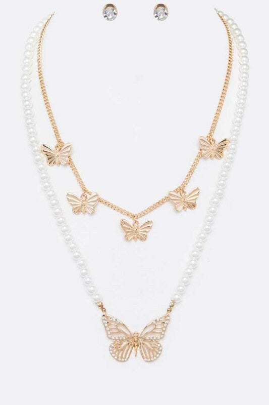 Capri Gold Multi Layer Pearl & Butterfly Embellished Necklace Set