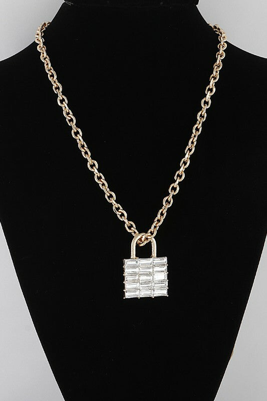 Jaden Gold Bulky Lock Pendant Chain Necklace