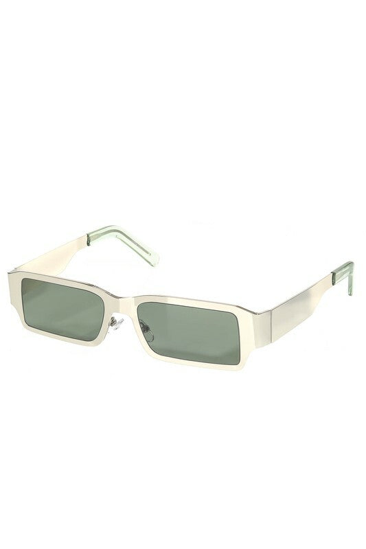 *Neo Silver Green Lens Retro Rectangle Sunglasses