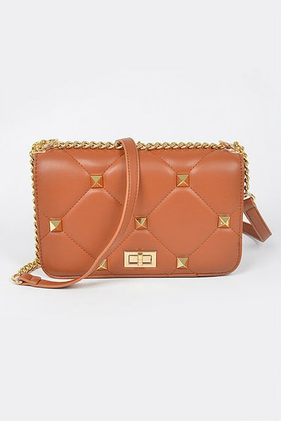 Andra Camel Quilted Flap Crossbody Bag w/ Oversized Studs