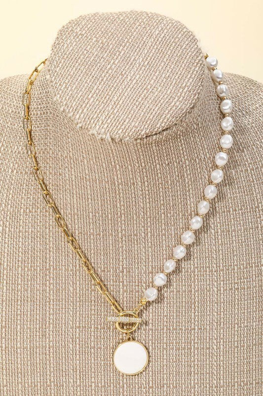 Siobhan Pearl Bead Chain Link Disc Charm Necklace