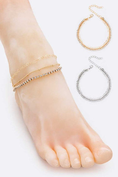 Mona Gold Layered Rhinestone Mix Chain Anklet Set