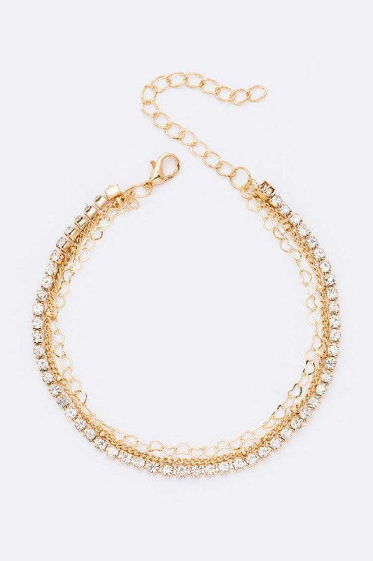 Mona Gold Layered Rhinestone Mix Chain Anklet Set