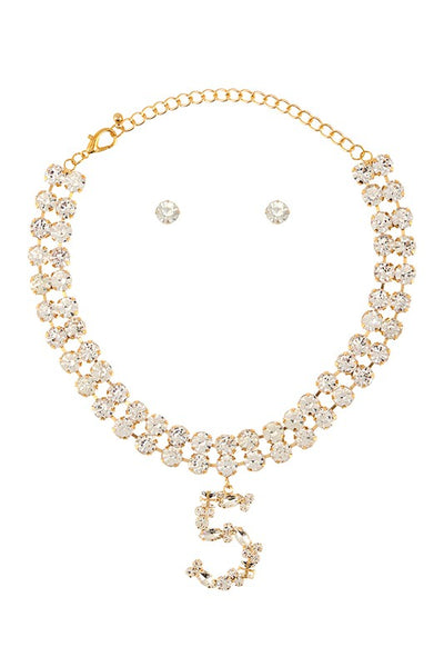 Tamia Gold Number Five Charm Double Line Rhinestone Necklace