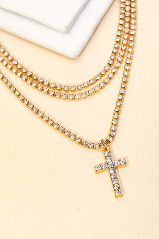 Jemma Pave Rhinestone Chain Layered Cross Charm Necklace