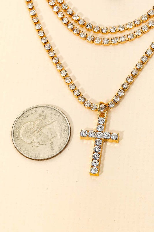 Jemma Pave Rhinestone Chain Layered Cross Charm Necklace