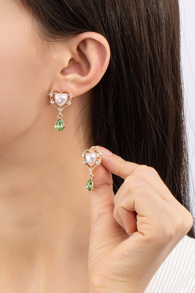 Raya Heart Studs with Pearl and Gree Gemstones