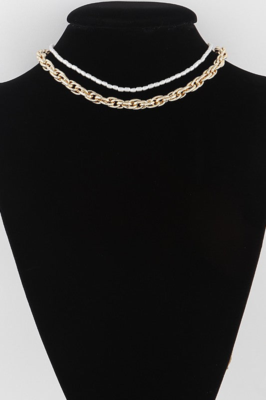 Amina Gold Double Layer Bead and Chain Necklace