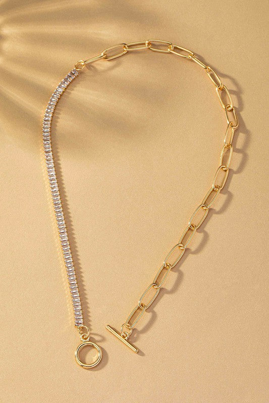Danica Gold Half Oval Link Half Rhinestone Chain Necklace
