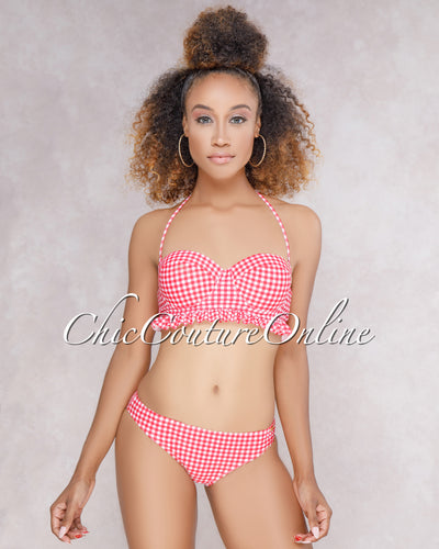 *Promise Red Gingham Ruffle Two Piece Swimsuit