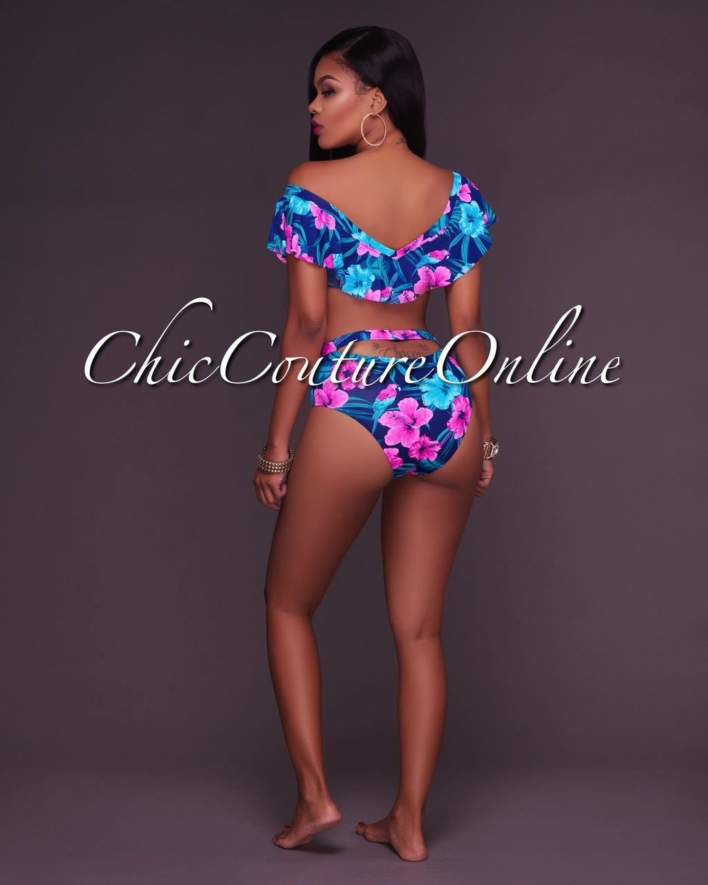 *Oahu Pink Floral Cut Out Ruffle  Swimsuit