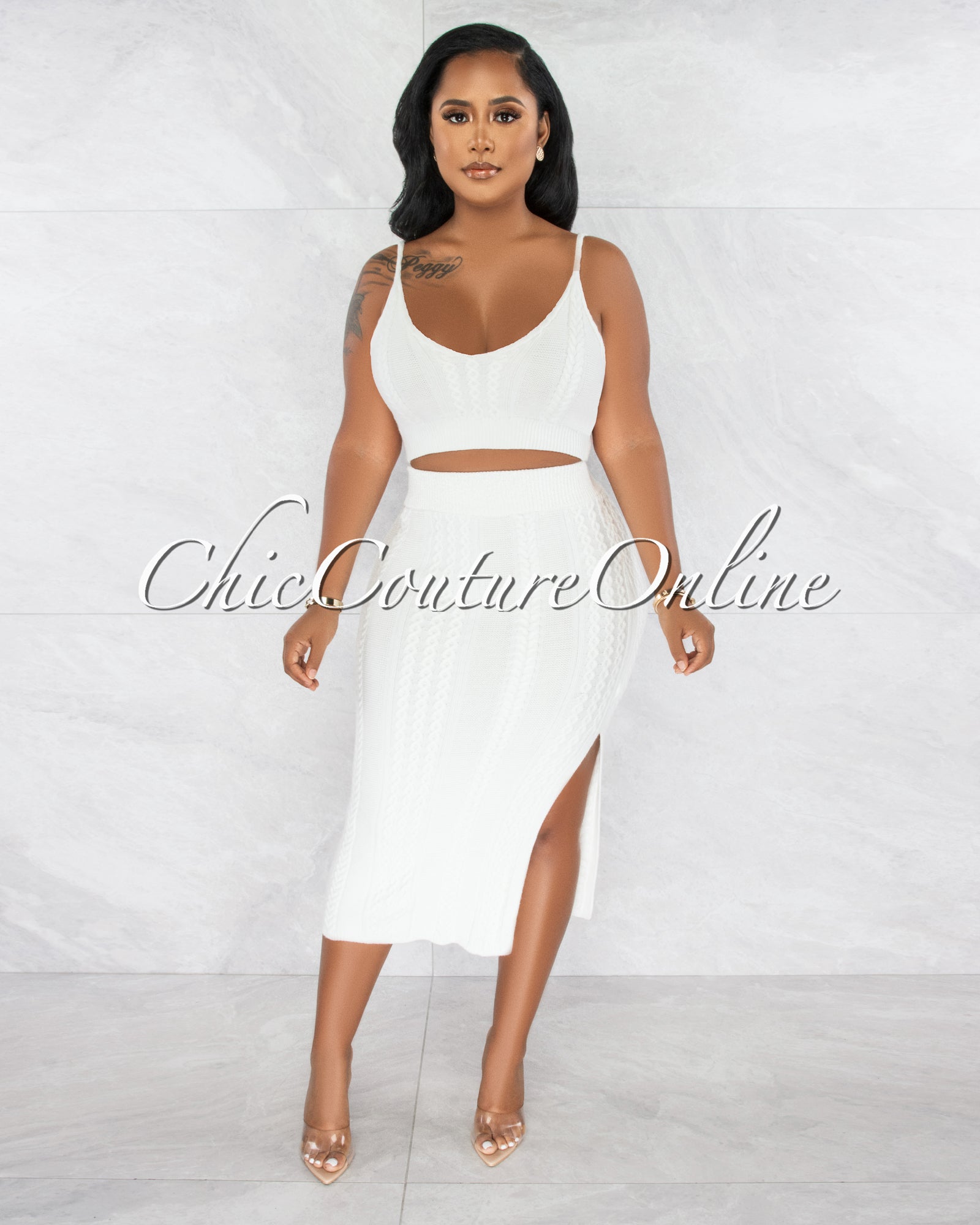 Panna Off-White Cable Knit Midi Skirt Set