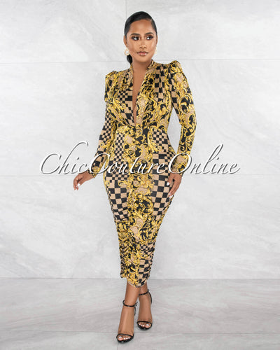 Isana Brown Gold Print Deep V-Neck Ruched Midi Dress