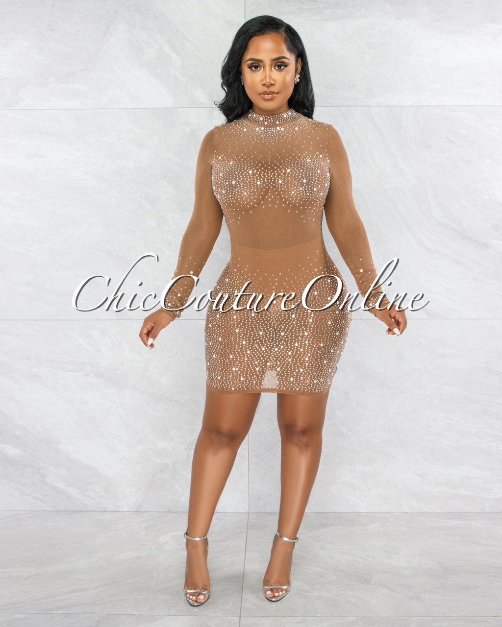 gold sequin mesh dress Fedelta Mocha Silver Rhinestones & Pearls Mesh Dress – Chic Couture Online
