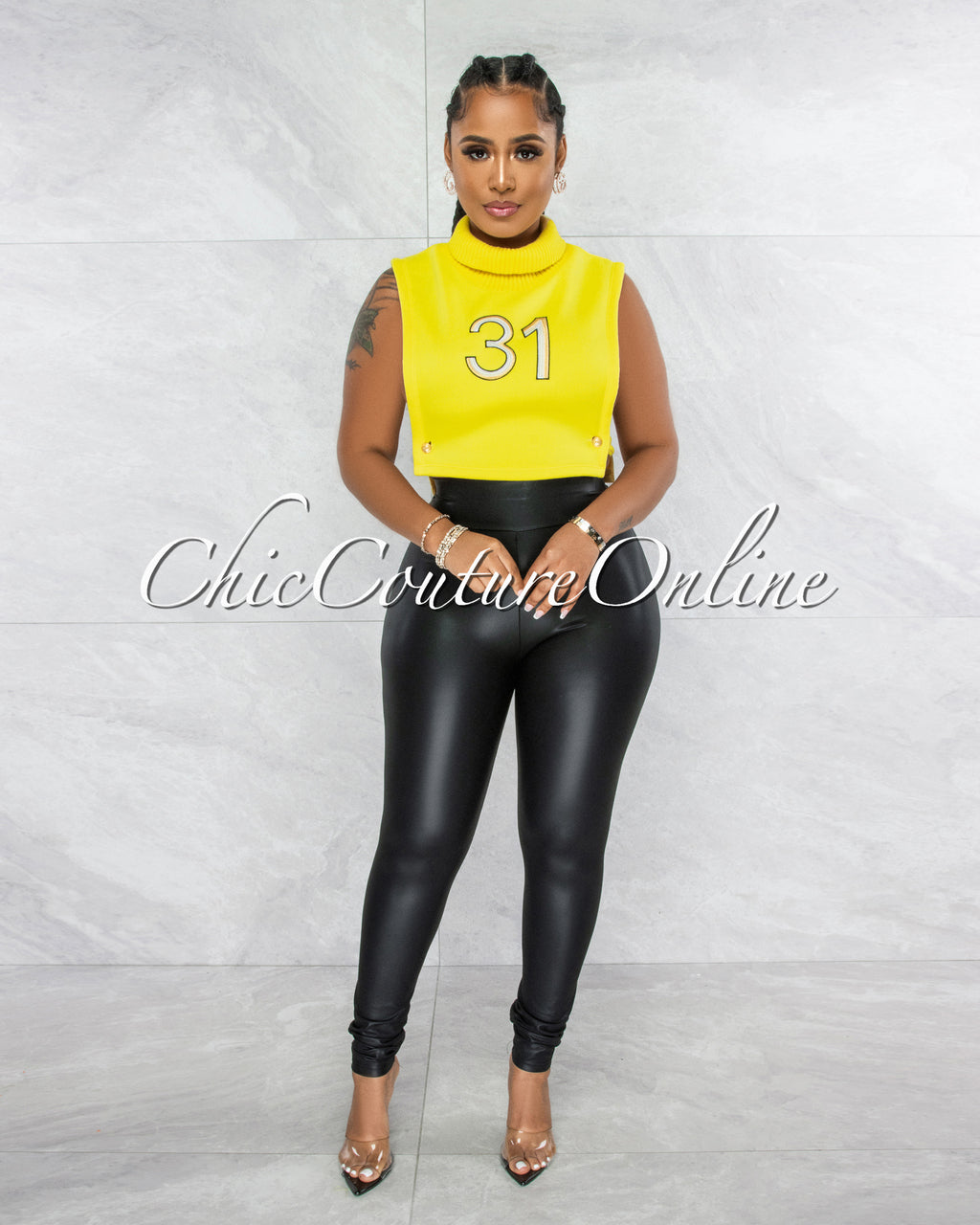 Parsons Yellow #31 Turtle Neck Open Sides Crop Top