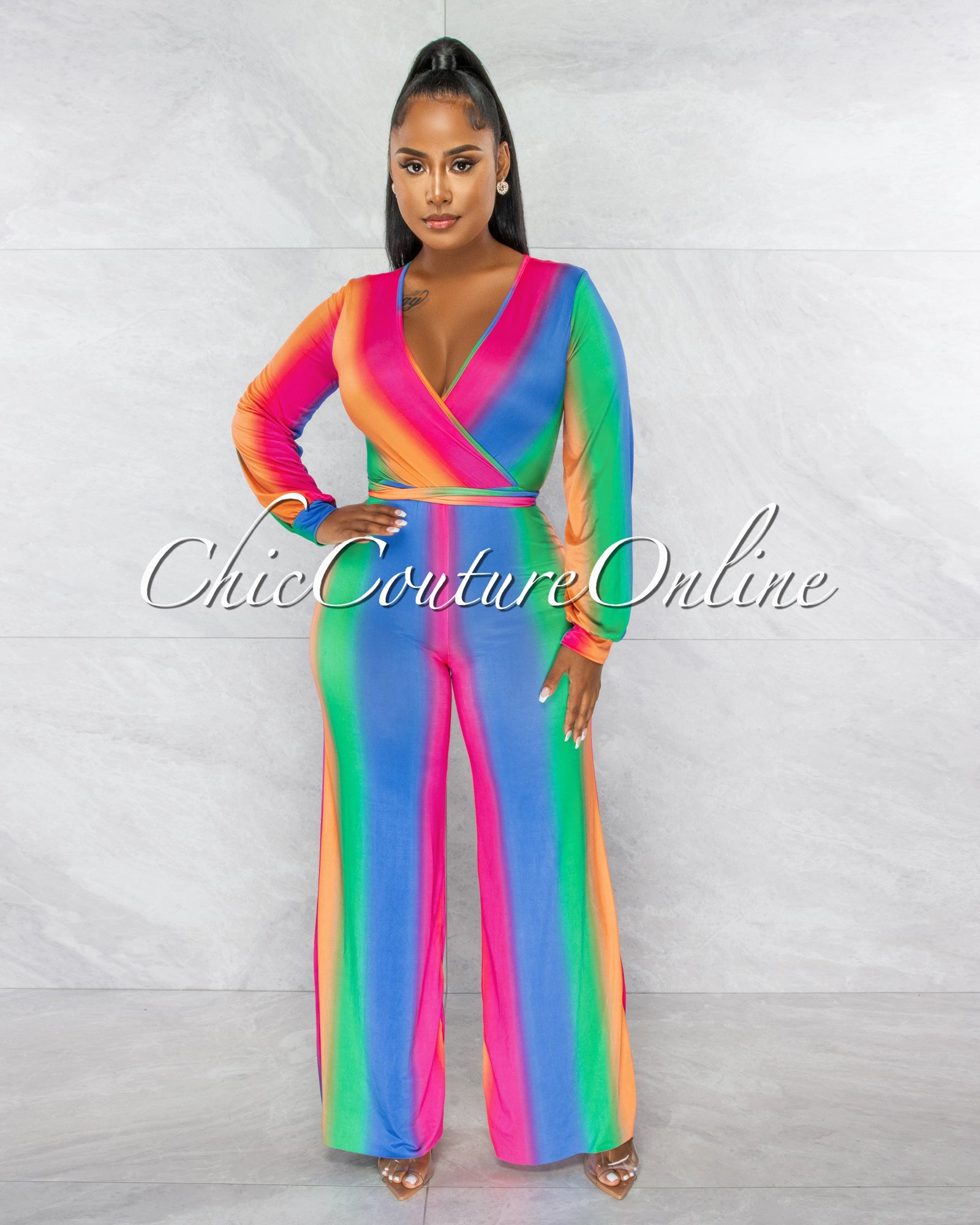 *Sheila Blue Orange Ombré Multi-Color Stripes Jumpsuit