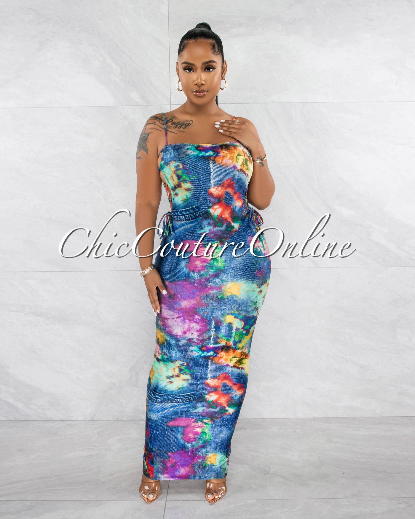 Venia Blue Denim Print Lace-Up Sides Maxi Dress