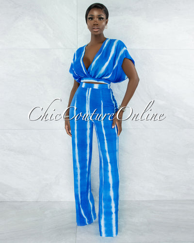 Iviana Blue White Tie-Dye Top & Wide Pants Set