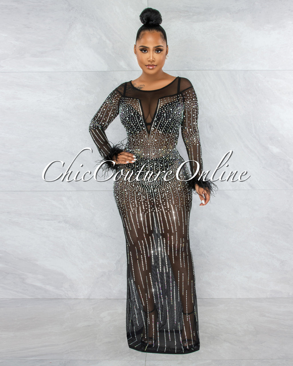 *Karibe Black Mesh Rhinestones Feather Long Sleeves Maxi Dress