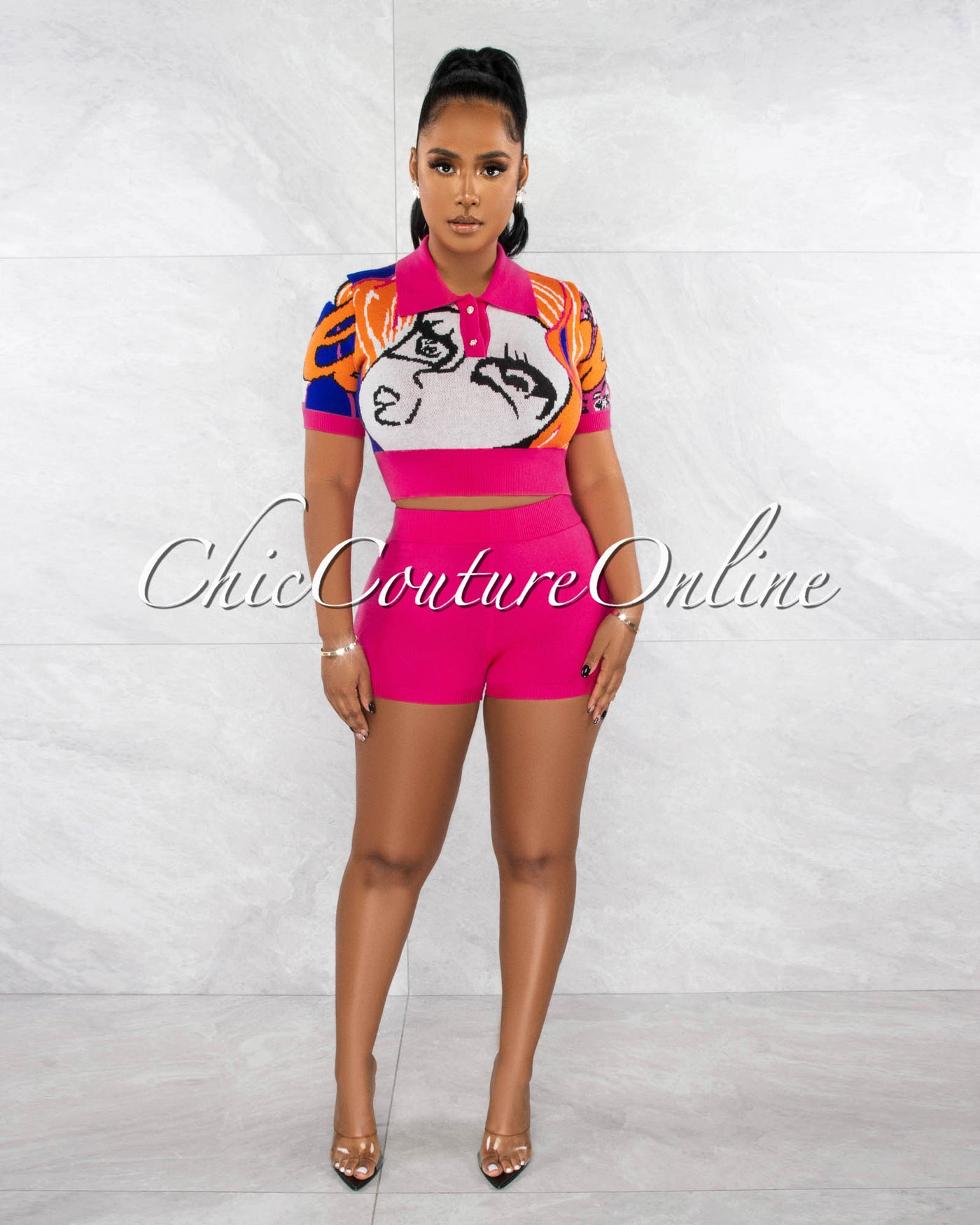 *Keyah Fuchsia Multi-Color Print Crop Top & Shorts Knit Set