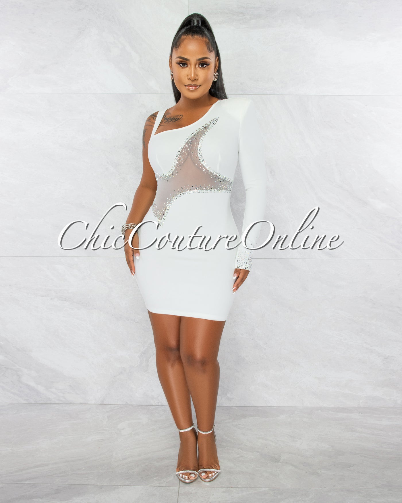 Ymara Off-White Silver Rhinestones Mesh Accent Mini Dress
