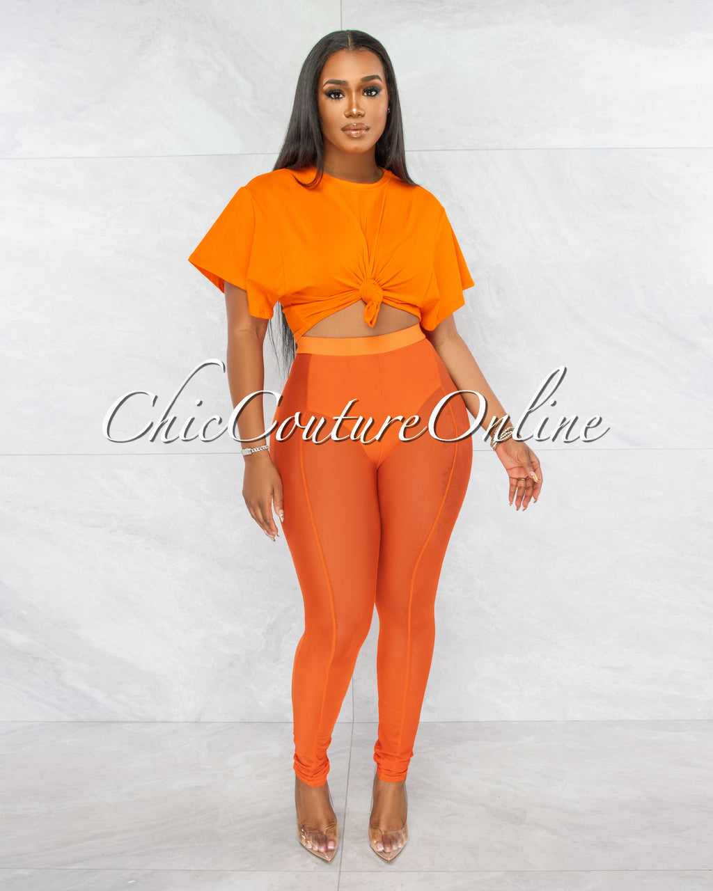 Cherie Orange Tie Crop Top & Mesh Leggings Set
