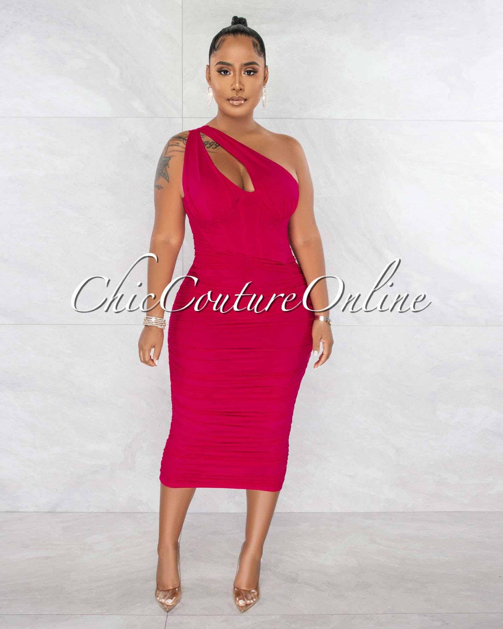 *Kevina Fuchsia Mesh Drape Corset Midi Dress
