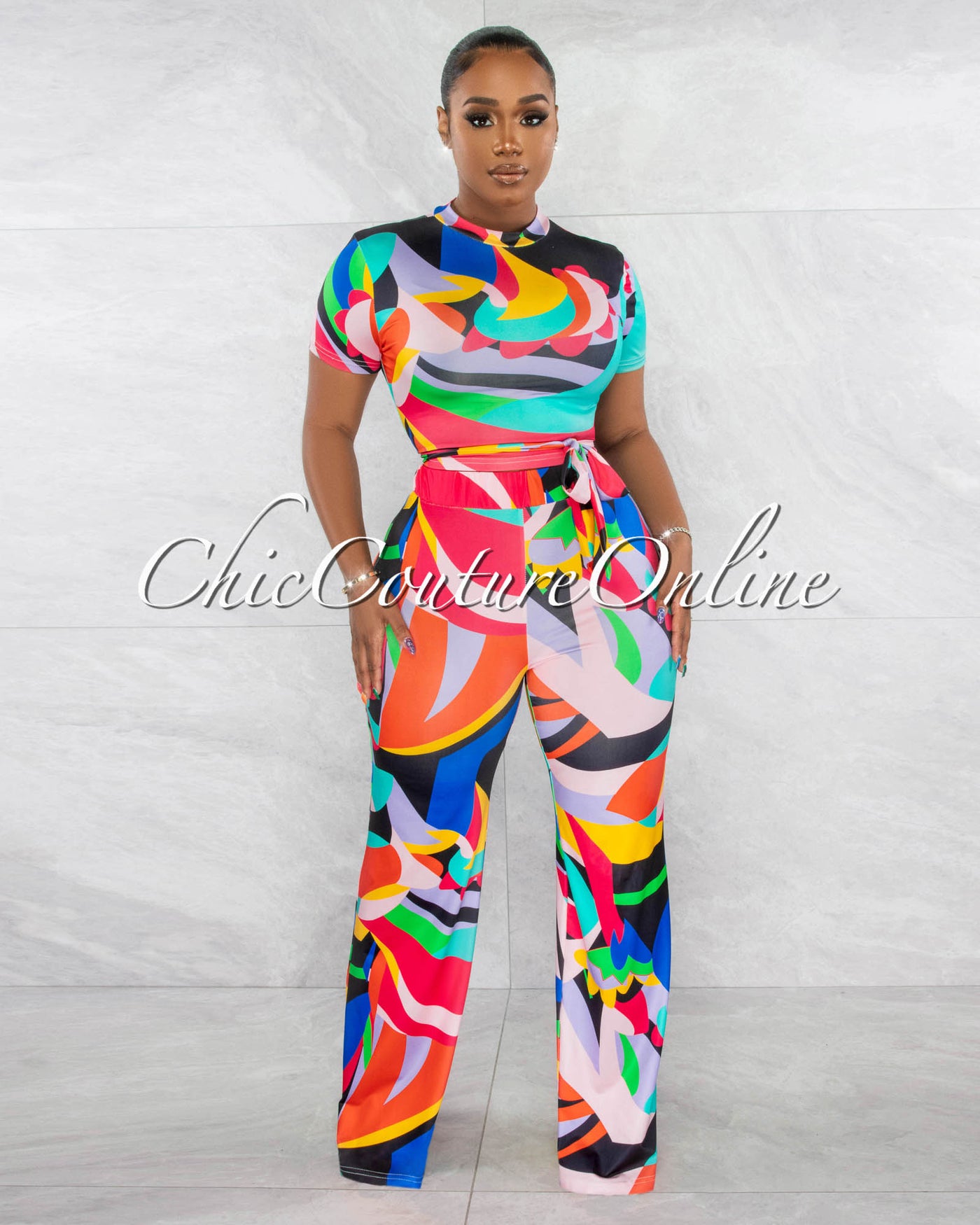 Eileen Multi-Color Waist Tie Crop Top & Wide Pants Set