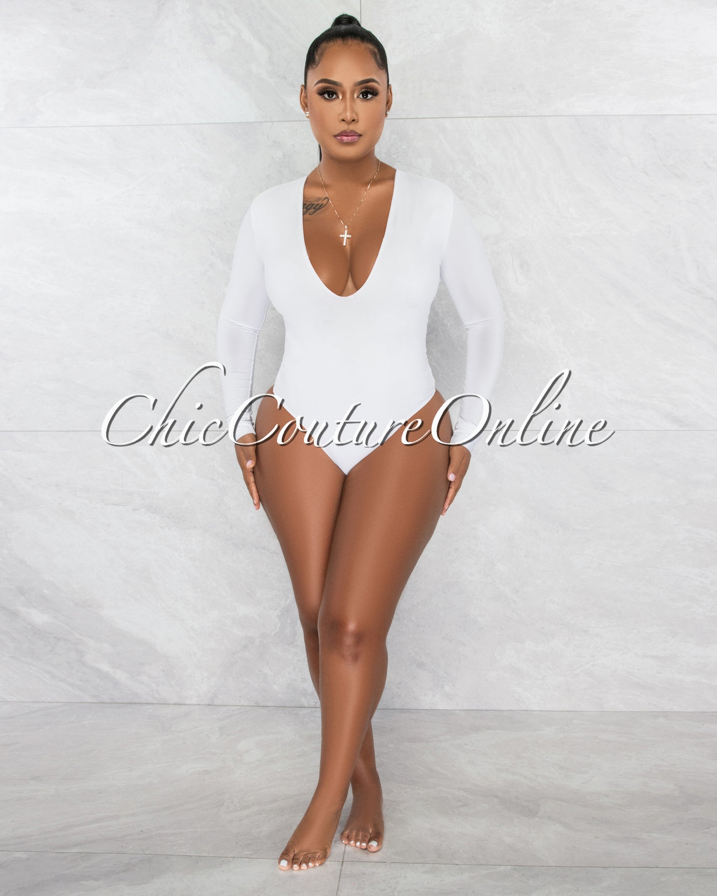 *Nilam White Depp V Neck Long Sleeves Bodysuit