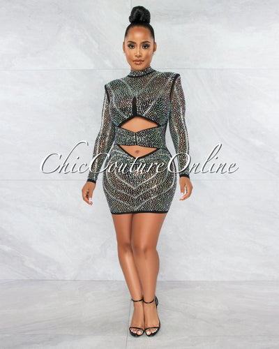 *Lavinia Black Iridescent Rhinestone Cut Out Dress