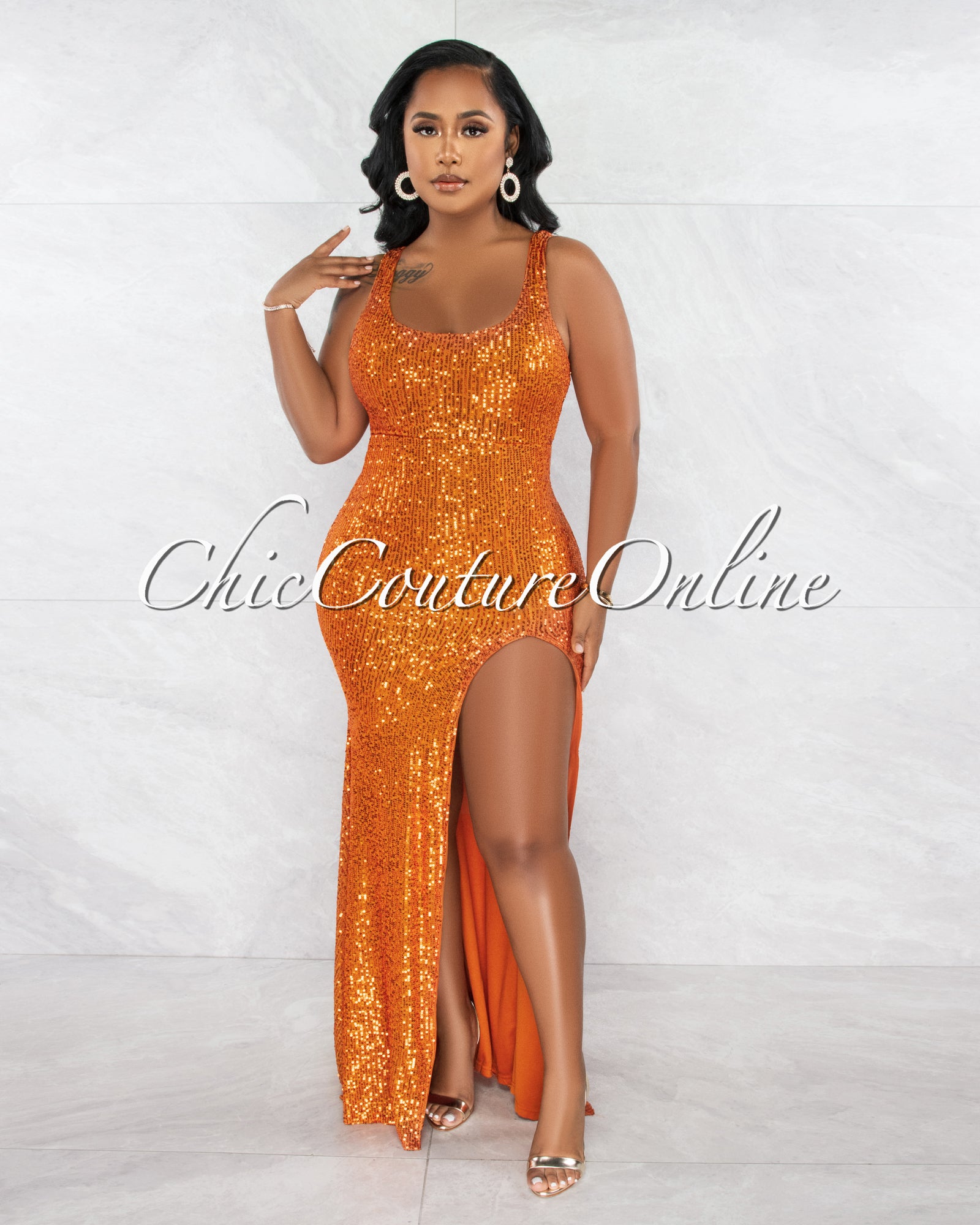 Vivenzio Orange Sequins Slit Maxi Dress – Chic Couture Online