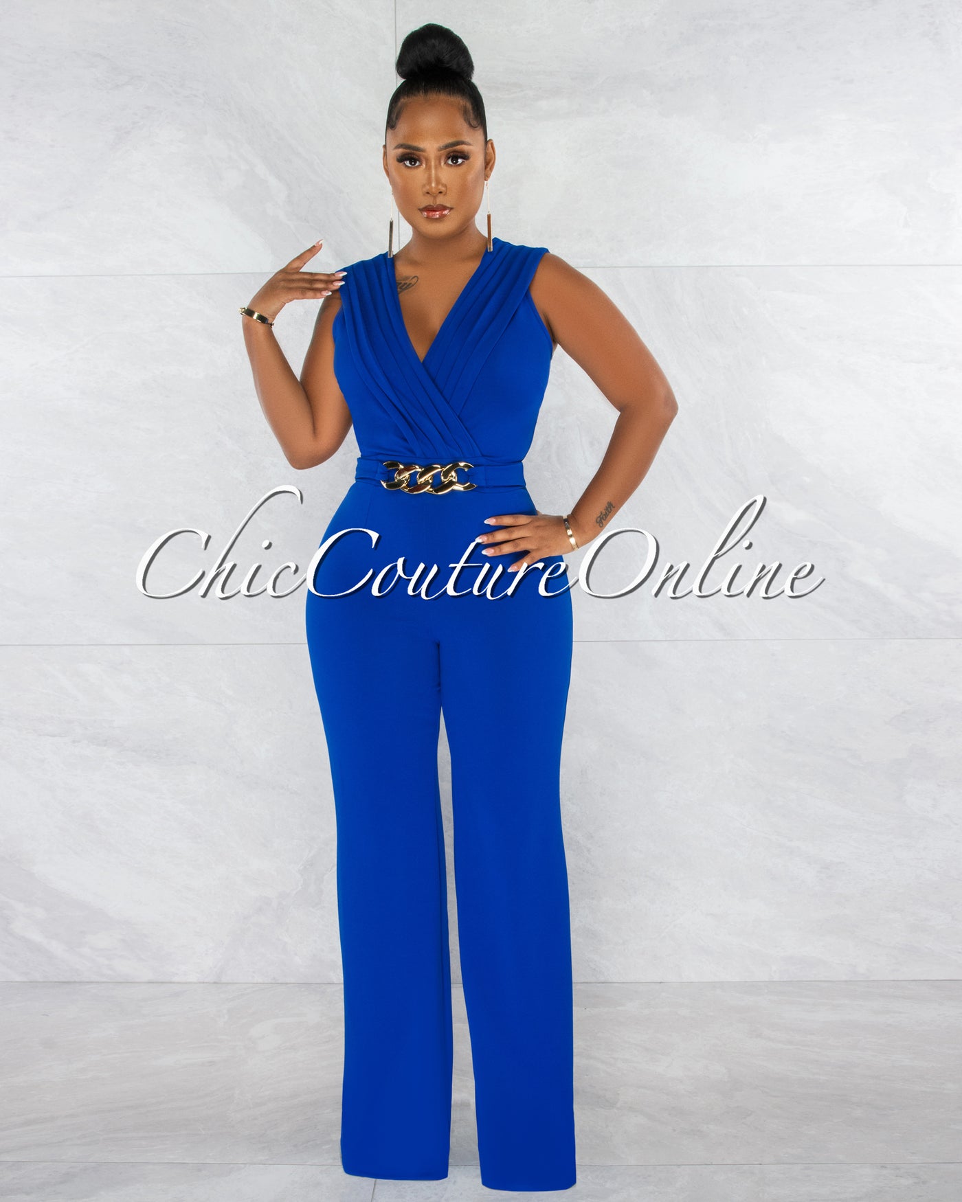 *Aimee Royal Blue Pleated Bust Gold Link Jumpsuit
