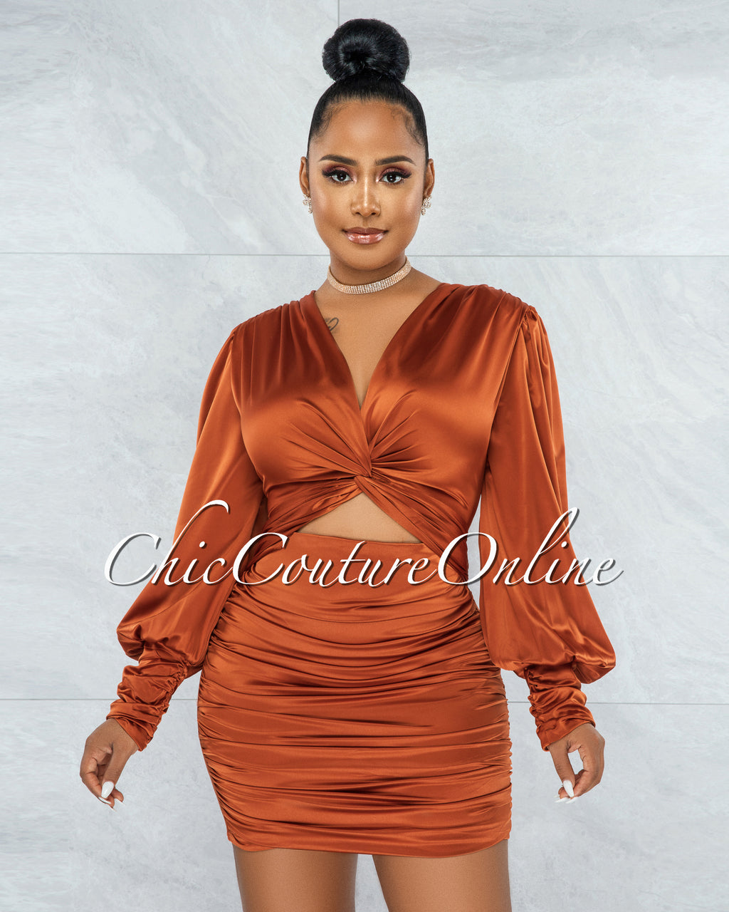 *Salvadora Rust Satin Cut-Out Ruched Dress